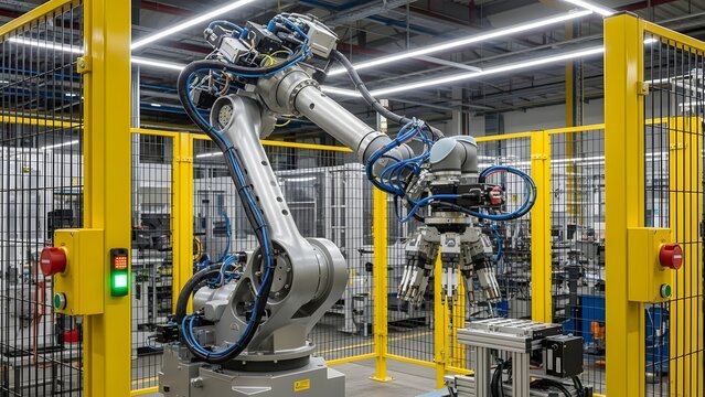 Robotic arm in a yellow safety cage inside a factory with overhead lighting and machinery visible