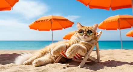Funny cat wearing sunglasses relaxing on a beach chair under umbrellas