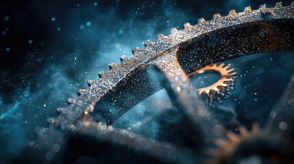 Close-up of a gear mechanism with sparkles and smoke against a dark blue background, creating a mysterious and technological atmosphere.