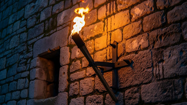 Medieval Torch Sconce Warm Light Against Ancient Stone Wall – Emitting an Adventurous Feel