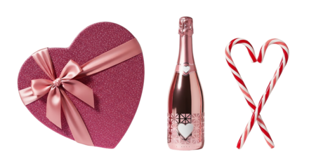Heart shaped box champagne bottle and candy canes against isolated on transparent background