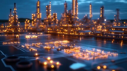 Blueprint overlay enhances photorealistic view of a refinery illuminated by dusk with glowing lights and intricate details