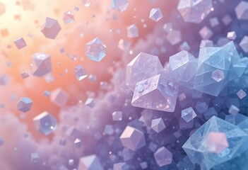 A mesmerizing arrangement of floating polygonal crystal shards in soft gradient hues of peach, lavender, and ice blue, glowing gently with depth of field for a modern fantasy aesthetic.