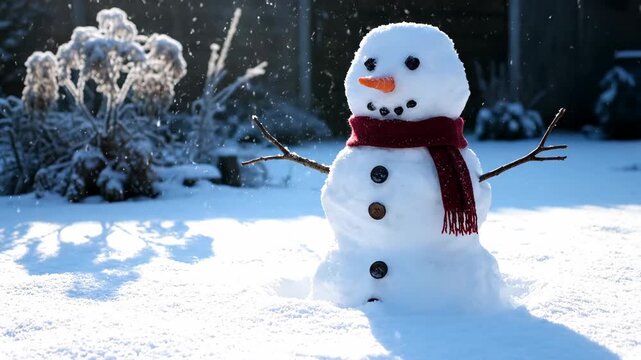 Snowman with scarf stands in a snow covered winter garden