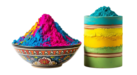 Colorful powder piles in decorated bowl and stacked cylinder isolated on transparent background