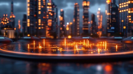 Global oil flow hologram displayed at an energy hub in a futuristic city with vibrant lights and advanced technology