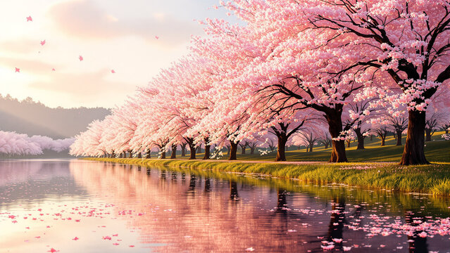 Cherry blossom trees along riverside path in spring with soft pink petals - Powered by Adobe