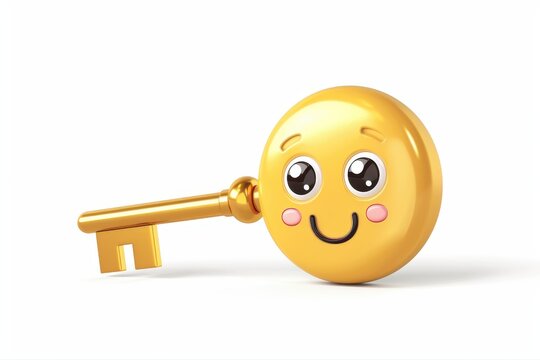 Golden Key Emoji Cute Cartoon Security Access with Happy Smile Face Symbol on transparent background - Powered by Adobe