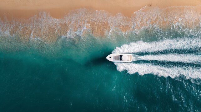 Oceanic Pursuit: A speedboat races across the glistening turquoise ocean, leaving a foamy white trail in its wake, while golden sands meet the gentle waves of the shore. - Powered by Adobe