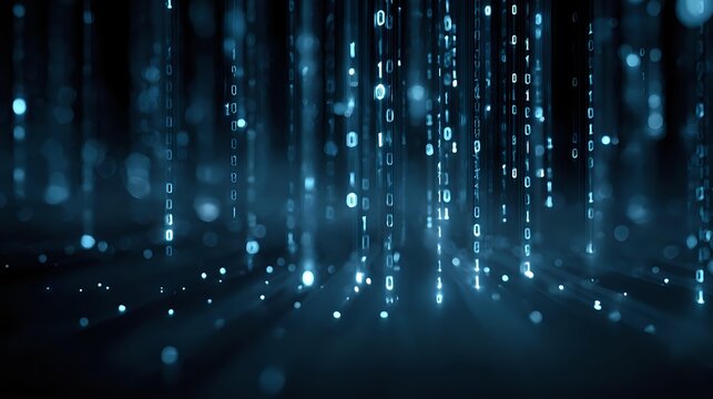 Digital binary code streams falling in blue cyberspace, representing data flow and technology network for programming and IT security backgrounds.