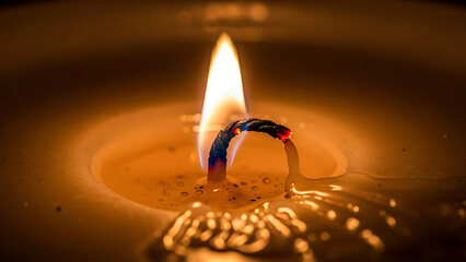 Macro photography of a single burning candle with a warm bright flame and glowing wick creating a peaceful mood