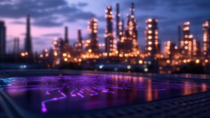 Energy network visualization over an oil refinery during twilight showcasing advanced technology and industrial structures in a dynamic environment