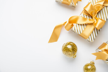 Merry Christmas and Happy Holidays greeting card, frame, border, banner. New Year. Golden Christmas...