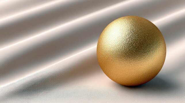 A close-up shot of a golden egg resting on a white silk fabric. The egg has a textured surface and reflects light, creating a shiny appearance. The fabric has s - Powered by Adobe