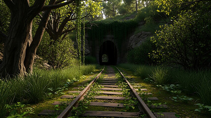 Tunnel Vision A Verdant Passage Through Nature's Embrace along Overgrown Railroad Tracks