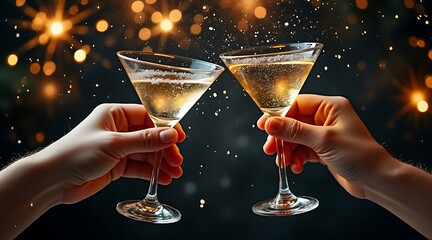 Two hands clinking champagne glasses in celebration with sparkles
