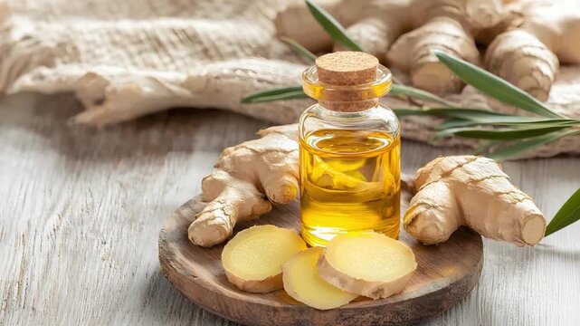 Essential ginger oil in glass bottle with fresh roots and slices on rustic wooden surface