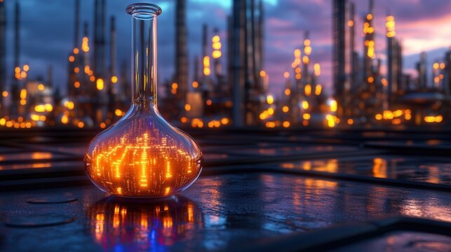 Holographic refinery with glowing data nodes illuminated by evening light reflecting on wet surfaces - Powered by Adobe