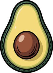 A vibrant illustration of a halved avocado, complete with pit, against a black backdrop.