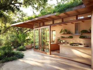 Fototapeta premium Modern kitchen design in a nature-inspired house surrounded by greenery during daylight