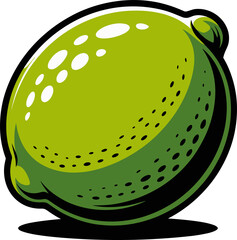 A vibrant, stylized illustration of a ripe, green lime, set against a stark black backdrop.