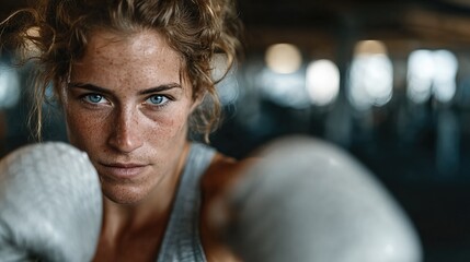 A fierce female boxer training intensely in a gym, showcasing strength and determination with a focused expression, embodying empowerment and resilience in sports.