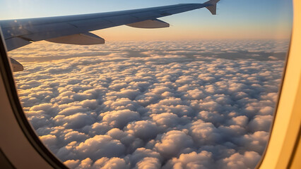 Aerial view of clouds from aircraft window on a sunny day, evoking the tranquility of flight