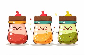 Kawaii bottles cartoon vector illustration juice cute smile liquid vibrant on transparent background