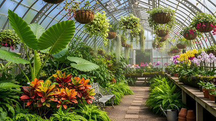 Lush Botanical Garden Conservatory Greenhouse Filled with Exotic Plants and Hanging Baskets
