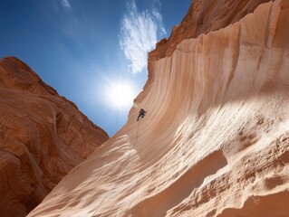 Expert climber scaling a sandstone wall under a bright blue sky during a sunny day in a desert landscape