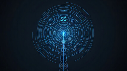 Futuristic 5G network concept with cell tower transmitting digital data waves on dark background.