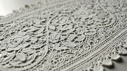 Intricate White Lace Textile Design With Floral Patterns, Delicate Fabric Craftsmanship and Elegant Texture