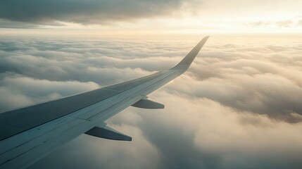 Fototapeta premium Airplane Wing Against Soft Clouds During Golden Hour with Beautiful Sky Reflections and Calm Atmosphere Perfect for Travel and Adventure Photography