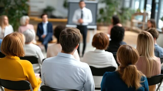Overhead angle showing faceless presenter with detailed group of learners attending workshop on speaking skills, with copy space