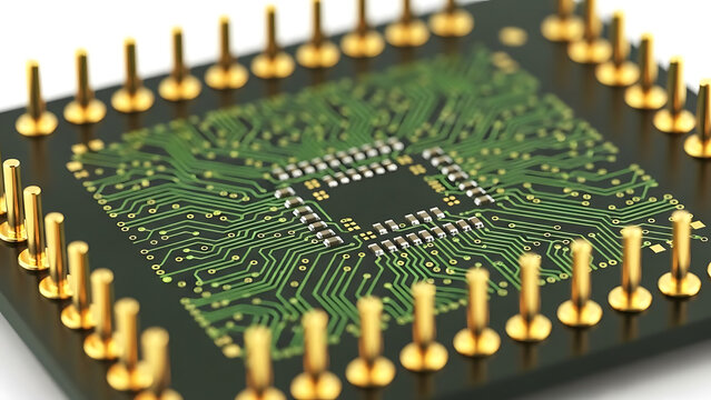 Modern digital processing unit with advanced circuit board design and conductive pins, symbolizing innovation