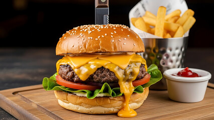A classic American cheeseburger with melted cheddar served with crispy french fries