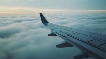 Obraz premium Aerial View of Airplane Wing Above Soft White Clouds During Sunrise with Beautiful Colorful Sky Creating Tranquil Travel Experience