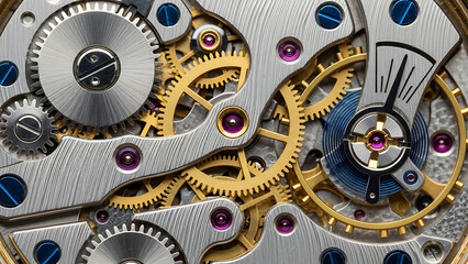 Close-up View of Intricate Clockwork Mechanism with Gears and Jewels