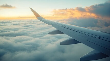 Obraz premium Serene View from Airplane Wing Above Fluffy Clouds at Sunset, Capturing Tranquil Sky with Warm Hues and Scenic Horizon, Ideal for Travel Themes