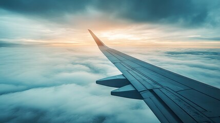 Obraz premium Serene View from Airplane Window Overlooking Fluffy Clouds at Sunrise with Beautiful Sky and Wing of Aircraft in the Foreground