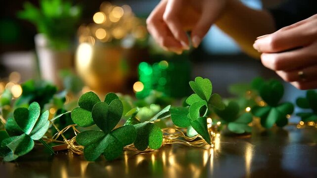Anonymous hands adjusting decorations with defocused figure and clear emerald holiday props and shamrocks visible, with copy space