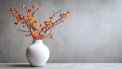 white vase with orange flowers on a grey background