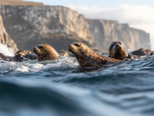 Seals swimming near rocky cliffs during calm waters under the warm sunlight in the early afternoon