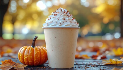 Pumpkin spice beverage with whipped cream and cinnamon sprinkles in a beige paper cup, set beside a small orange gourd on a rustic wooden table surrounded by golden autumn leaves and bright bokeh.