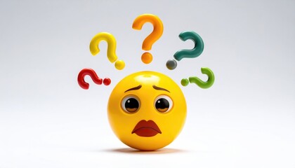 A confused yellow emoji surrounded by colorful question marks