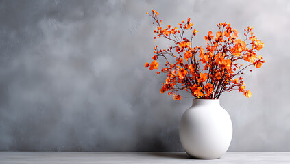 white vase with orange flowers on a grey background