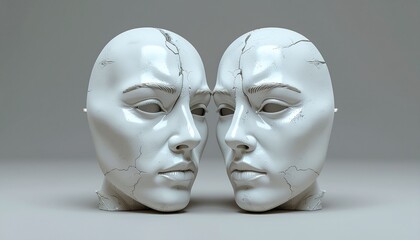 Surreal 3D render of two glossy, fractured white busts facing nose-to-nose, representing conflict, duality, and fragility against a smooth monochromatic gray backdrop.