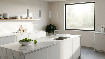 Modern White Kitchen Island with Marble Countertop and Large Window View