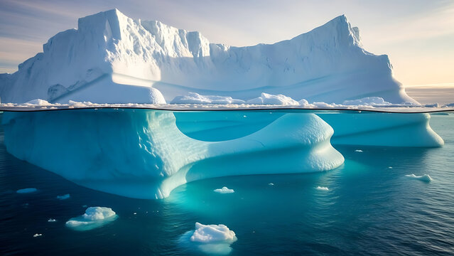 Stunning underwater view of a massive iceberg with floating ice chunks in the ocean