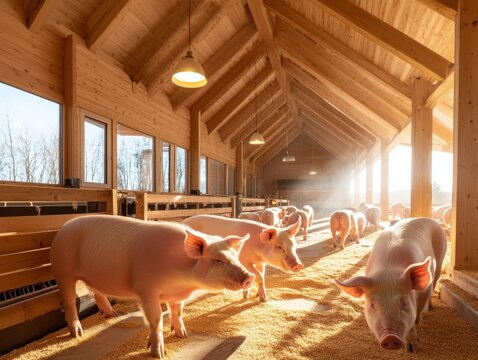 Pigs exploring a bright, spacious barn with natural light in the early morning